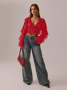 SHEIN SXY Áo đen; Trang phục nữ mùa thu; Áo croptop; Áo dài tay gợi cảm màu đen lưới xuyên thấu, dây đeo hình lá sen, cổ chữ V sâu dành cho nữ, thích hợp cho các buổi tiệc tùng, lễ hội. - Đỏ - Xem 5