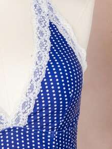 Bellisia 2pcs/Set Women Modest 1920s Gatsby Swimsuit Skirt, V-Neck Blue Polka Dot Lace Trim Random Floral Print, Suitable For Swimming, Vacation, Beach Summer - Blue - View 6