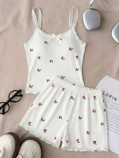 SHEIN 少女碎花图案蝴蝶结饰边吊带背心和短裤舒适休闲修身睡衣套装，2件套，粉色