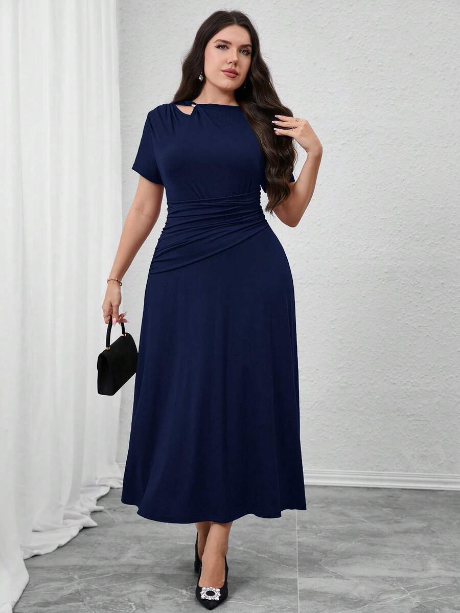 Modelyn Plus Size Women Solid Color Hollow Out Design Short Sleeve Ruffle Elegant Dress - Navy Blue - View 1
