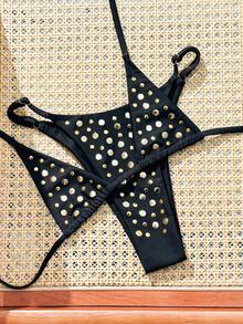 Oceva 2026 New Black Summer Beach Party Holiday Rave 2pcs Bikini Swimwear,European American Backless Tie Rhinestone Beach Vacation Separates For Women - Black - View 5