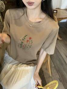 DAZY 女士植物印花圆领短袖休闲百搭T恤 夏季图案T恤 - 卡其色 - 查看 3