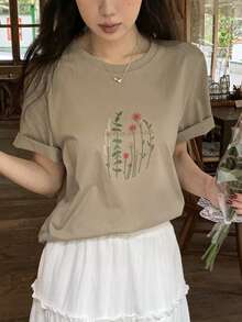 DAZY 女士植物印花圆领短袖休闲百搭T恤 夏季图案T恤 - 卡其色 - 查看 8