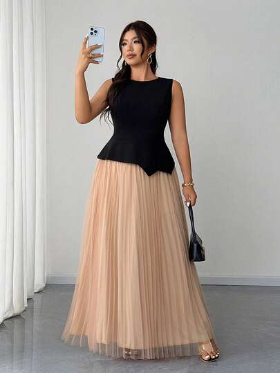 Elenzga Bộ đồ 2 mảnh dành cho nữ cỡ lớn, thanh lịch, lãng mạn, thường ngày, gồm áo đen và chân váy lưới, thích hợp cho mùa xuân/hè.