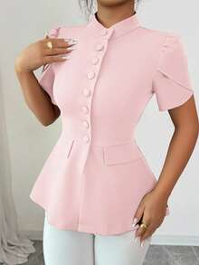 Elenzga Women's Elegant Summer Blush Pink Mandarin Collar Puff Sleeve Blouse,French Office Work Formal Attire,Solid Button-Up A-Line Peplum Tops - Baby Pink - View 4
