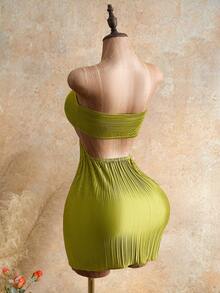 Mistrie Women Olive Green Metal Starfish Decor Hollow Out Pleated Bandeau Mini Dress,Summer 70s Retro Party Vacation Holiday Y2K Style Luxury Evening Gown - Green - View 2