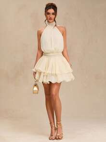 SHEIN BAE 杏色系带领口层叠荷叶边露背优雅迷你连衣裙，闪亮蓬蓬迷你连衣裙，优雅连衣裙，度假连衣裙，伴娘迷你连衣裙，生日派对连衣裙，返校/毕业连衣裙 - 杏色 - 查看 7