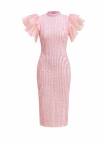 Ellevyn Sweet & Spicy Knit Midi Dress, Stand Collar, Ruffle Sleeves, Bodycon Fit, Date Night Dress - Pink - View 6