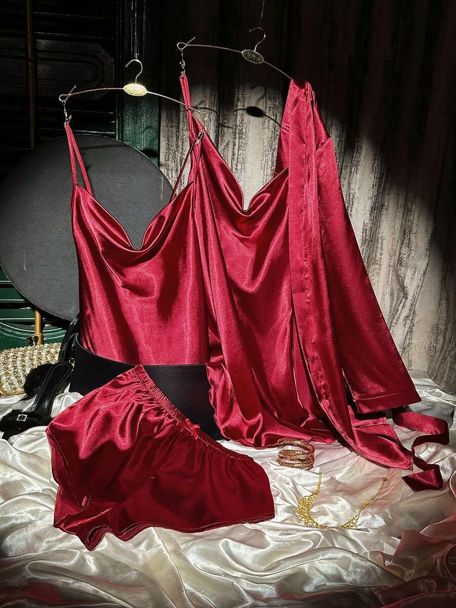 SilkySpell Bộ đồ nữ màu trơn gồm áo hai dây, quần short, váy và áo khoác cardigan, đồ mặc nhà và đồ ngủ thoải mái. - Màu Đỏ Sâu - Xem 1