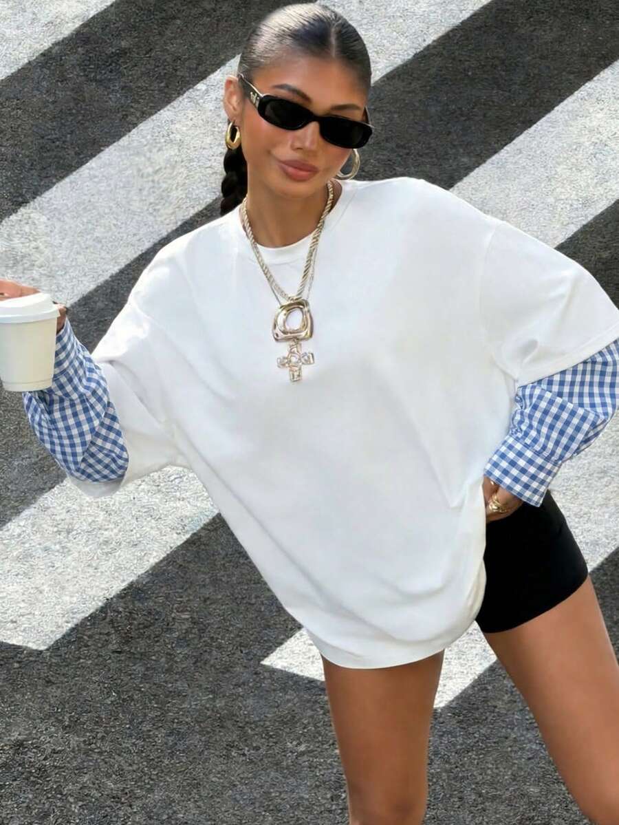 Muchica Contrast Color Streetwear Style Knit Women T-Shirt - Multicolor - View 1