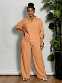 SHEIN CURVE+ Plus Size Women Orange Solid Color Cuffed Sleeves Shirt & Wide Leg Pants 2pcs Casual Suit,Curve Plus Autumn Smart Casual Vacation Beach Outfits - Orange - View 3