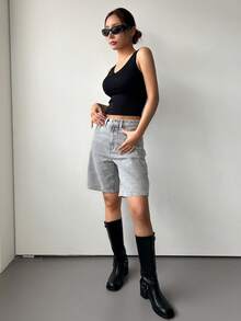 Quần short denim nữ cạp cao có túi, kiểu dáng thường ngày, đa năng. - Xám - Xem 2