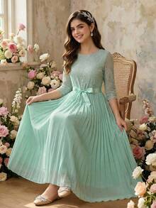 SHEIN Vestido de gasa de unicolor de cintura alta y longitud media con mangas de pétalos y ribete de encaje, elegante y minimalista, color verde, adecuado para graduación de adolescentes y bodas - Verde - Ver 1