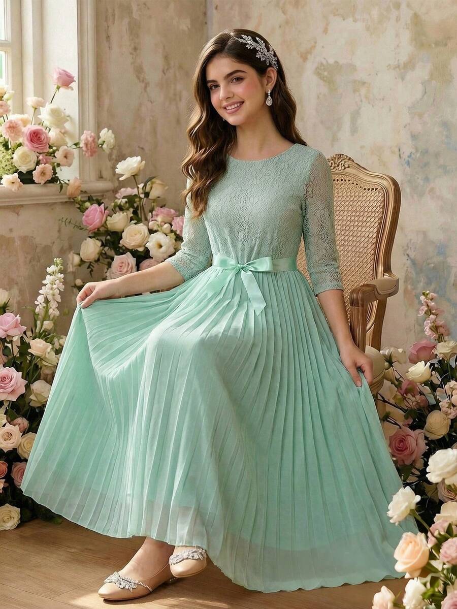 SHEIN Vestido de gasa de unicolor de cintura alta y longitud media con mangas de pétalos y ribete de encaje, elegante y minimalista, color verde, adecuado para graduación de adolescentes y bodas - Verde - Ver 1
