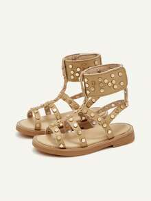 Cozy Pixies 一双夏季度假铆钉酷炫街头棕色时尚休闲百搭可爱女孩露指平底鞋可爱罗马凉鞋婴儿平底鞋 - 卡其色 - 查看 5