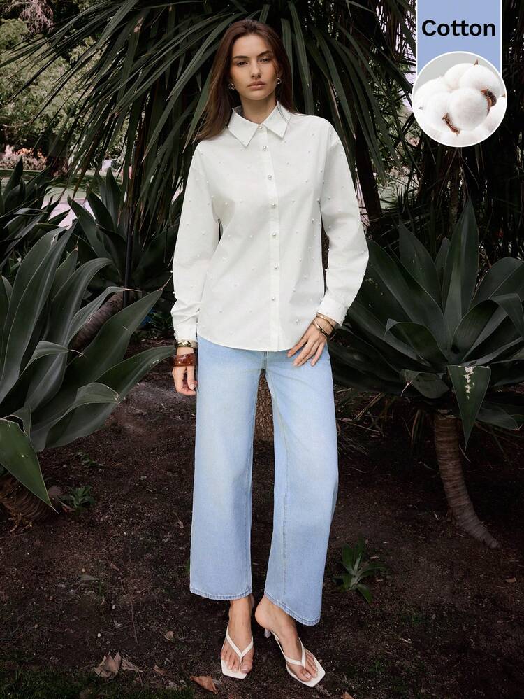 SHEIN Maija Outfit Deas For Blouse,Women's Casual Versatile Commute Pearl Embellished Blouse,Weddings & Events ,White Shirt ,White Blouse,Party Top,Summer Outfits For Women, Weddings & Events ,  Blouse For Wedding Guest Pearl Shirt Collar Shirt For Women White Button Up Women Plain Shirt For Women Shirts For Women Casual Shirt For Women Summer