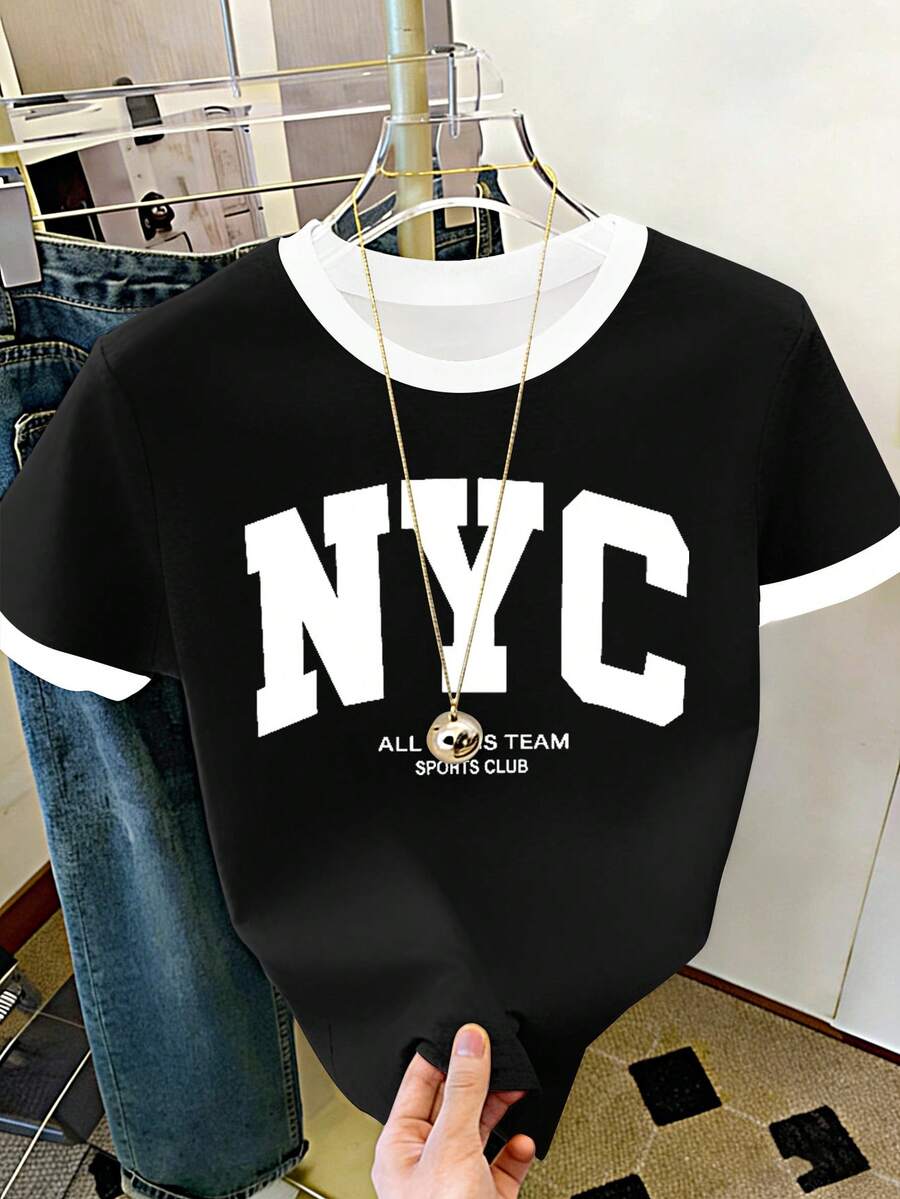 青少年女孩短袖T恤,NYC字母印花,黑白配色,夏季運動度假開學穿搭,極簡經典修身款 - 彩色 - 查看 1