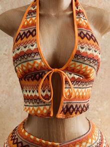 Mistrie Women's Summer Vacation 2 Pieces Set, Jacquard Knit Fabric Camisole Top And Shorts, Summer Outfit - Orange - View 3