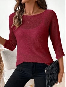 EMERY ROSE Áo len nữ trơn màu, cổ tròn, tay lỡ 3/4, dáng rộng, phong cách thường ngày. - Màu Đỏ Sâu - Xem 5