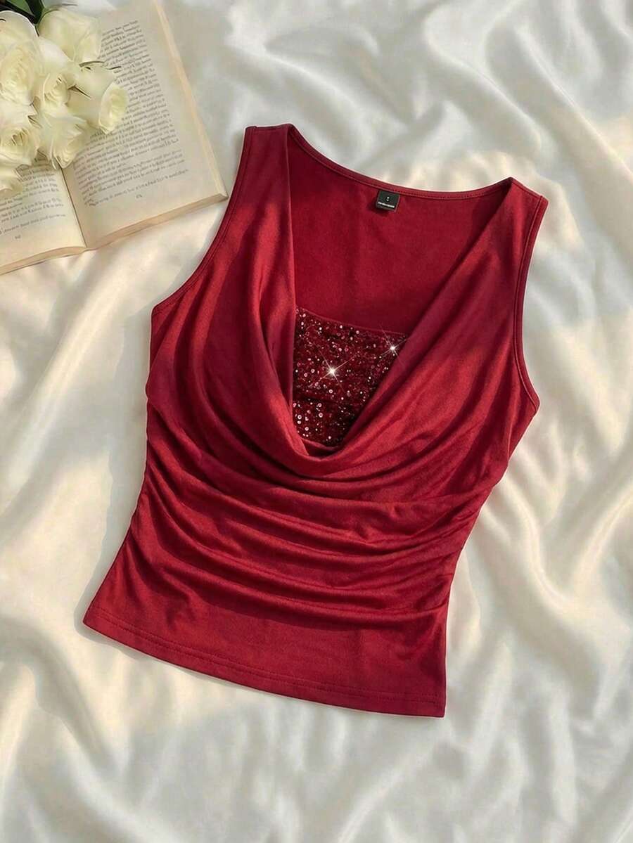 SHEIN MOD 女士优雅亮片拼接垂褶领吊带背心，适合夏季穿着；女士优雅宝石红亮片甜心领无袖上衣；节日上衣；酒红色上衣；派对上衣；晚礼服；仪式装；外出上衣；女士生日装；优雅女士衬衫；夏季上衣；度假装；亮片上衣；复古；经典；老钱风；适合工作、派对、约会、节日、夜店等场合。 - 紅色 - 查看 1