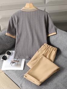 SHEIN 两件套青少年男童绅士套装，短袖Polo衫+长裤西装，优雅正式的生日派对、婚礼、周年纪念、毕业典礼等场合着装 - 灰色 - 查看 2