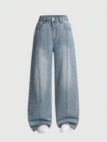 Jeans de mezclilla azul vintage estilo Y2K para niñas, pantalones casuales de cintura alta y pierna recta holgada, tela suave y cómoda, adecuados para salidas y vacaciones de primavera/verano - Azul lavado medio - Ver 4