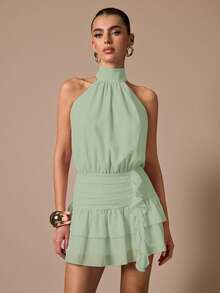 SHEIN BAE 无袖荷叶边下摆纯色迷你连衣裙，优雅甜美可爱修身款，适合浪漫约会、派对、正式聚会、伴娘礼服、夏季连衣裙、下午茶派对、新年、情人节、生日等场合，粉色连衣裙 - 薄荷綠 - 查看 7