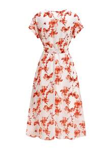 Ellevyn Red Floral Print Front Tie Cinched Waist Romantic Elegant Dress - Red - View 7