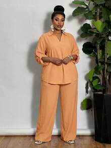 SHEIN CURVE+ Plus Size Women Orange Solid Color Cuffed Sleeves Shirt & Wide Leg Pants 2pcs Casual Suit,Curve Plus Autumn Smart Casual Vacation Beach Outfits - Orange - View 5