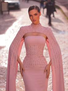 Aureia Đầm dạ hội màu hồng satin thanh lịch, lãng mạn, thời trang, trang nhã, hơi co giãn, đính đá lấp lánh, dáng đuôi cá, thích hợp cho tiệc tùng, đám cưới hoặc các dịp trang trọng khác. - Màu Hồng baby - Xem 4