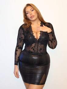 MelDlgn قميص تي شيرت طويل الأكمام من الدانتيل الشفاف مناسب للمقاسات الكبيرة، أنيق وجذاب - الأسود - مشاهدة 4