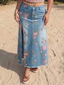 ROMWE Fairycore Váy denim dáng ôm xẻ tà dành cho nữ, in họa tiết hoa cổ điển, đã qua xử lý, cỡ lớn. - Màu xanh lam - Xem 6