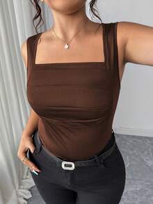 Elenzga Plus Size Summer Casual Solid Color Square Neck Knit Tank Top - Brown - View 4