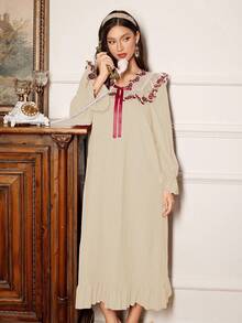 PalaceNights Women's Colorblock Floral Embroidery Ruffle Hem Long Sleeve Nightgown, Vacation Style - Apricot - View 3