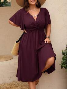 DreamSkyne Plus Size Women's Spring/Summer Chain Link Ruffle Twist Waist Textured Knit V-Neck A-Line Midi Dress - Burgundy - View 3
