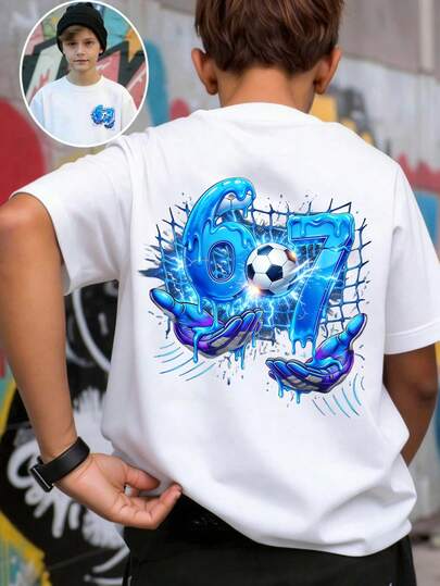 Tween Boys' Casual Comfortable Fashion Minimalist Versatile Creative Lightning Football "67" Graphic Double-Sided Print All-Match Short Sleeve T-Shirt, Suitable For Boys To Wear Outdoors, Sports And Casual Occasions