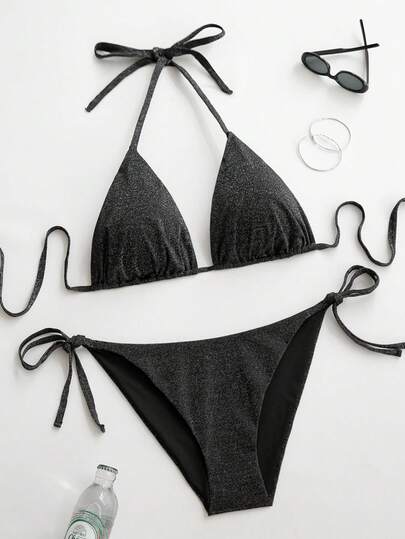 Swim Vcay Plus Size Women's Sexy & Elegant Solid Color Triangle Cup Strap Two Pieces Bikini, Paired With Shiny Metallic Knit Fabric, Suitable For Beach Vacation, Beach Date, Valentine's Day