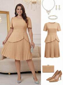 Ellevyn Plus Size Solid Color Asymmetrical Design Metal Buckle Decor Elegant Office Lady Pleated Dress - Camel - View 10
