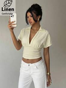 Aloruh 女士休闲米黄色套头衫，舒适纯棉V领蝙蝠袖短袖修身衬衫，简约设计，适合日常穿着 - 淡黃色 - 查看 7