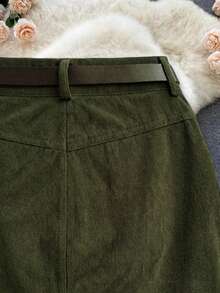 EMERY ROSE 复古军绿色灯芯绒系带修身迷你裙 - 綠色 - 查看 3