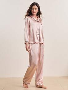 Contrast Piping Satin Top & Pants PJ Set / Pajama Set, Fall Clothes Cozy And Elegant Details, Winter - Champagne - View 4