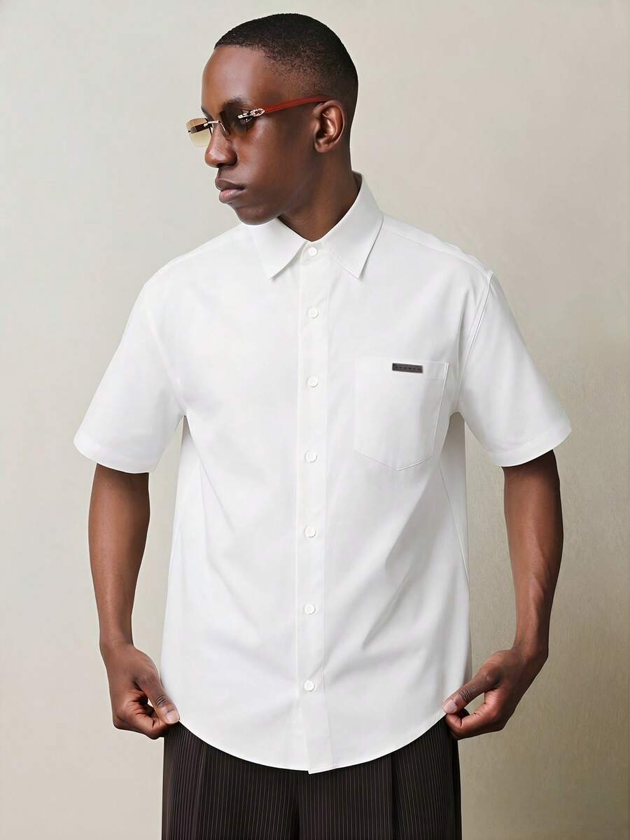 SUMWON Men's Short Sleeve Button Down Collared Shirt With Pocket Detail Classic Fit Business Casual - White - View 1