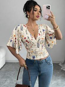 Rafferiza Áo kiểu nữ mùa hè phong cách Pháp cổ điển họa tiết hoa, cổ chữ V, thiết kế thắt eo, đa năng cho kỳ nghỉ và đi làm hàng ngày. - Nhiều màu - Xem 1