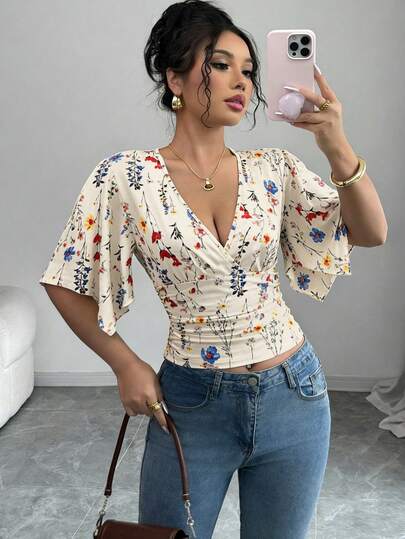 Rafferiza 女士夏季法式复古碎花V领收腰设计上衣，度假通勤百搭日常穿着
