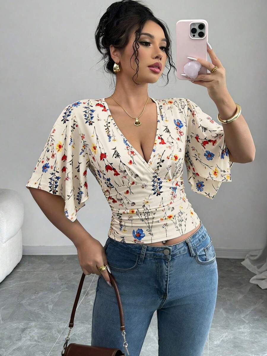 Rafferiza Áo kiểu nữ mùa hè phong cách Pháp cổ điển họa tiết hoa, cổ chữ V, thiết kế thắt eo, đa năng cho kỳ nghỉ và đi làm hàng ngày. - Nhiều màu - Xem 1