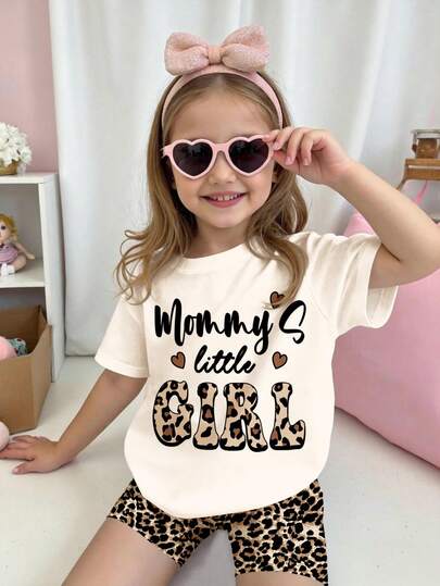 SHEIN Cute "Mama's Little Girl" Letter Print, Cream White, Retro Leopard Pattern, Young Girl Casual Minimalist Round Neck Loose Short Sleeve T-Shirt And Bike Shorts Set, Suitable For Spring/Summer Daily Wear, Travel, Outfit, Vacation, Outdoor, Farm, Chill Chill