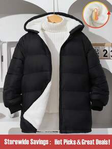 SHEIN 1 件男童加厚连帽长款棉衣，适合雪天保暖，秋冬季 - 黑色 - 查看 1