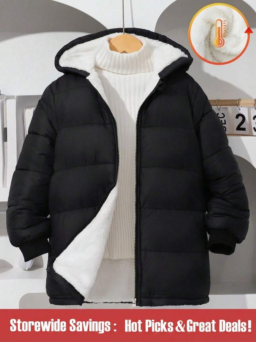 SHEIN 1 件男童加厚连帽长款棉衣，适合雪天保暖，秋冬季 - 黑色 - 查看 1