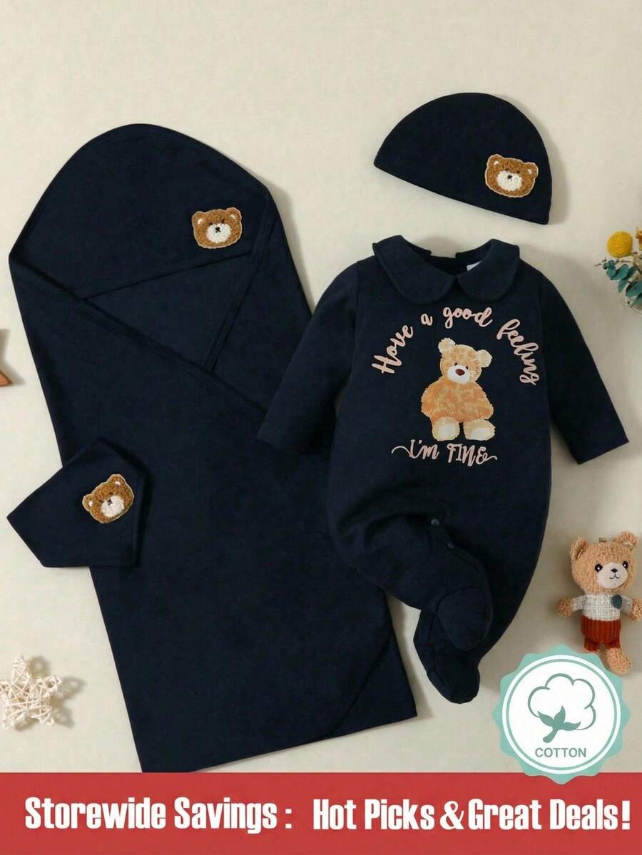 SHEIN Explorewe Baby Boy Bear & Slogan Graphic Jumpsuit & Hat & Bib & Shawl - Multicolor - View 1
