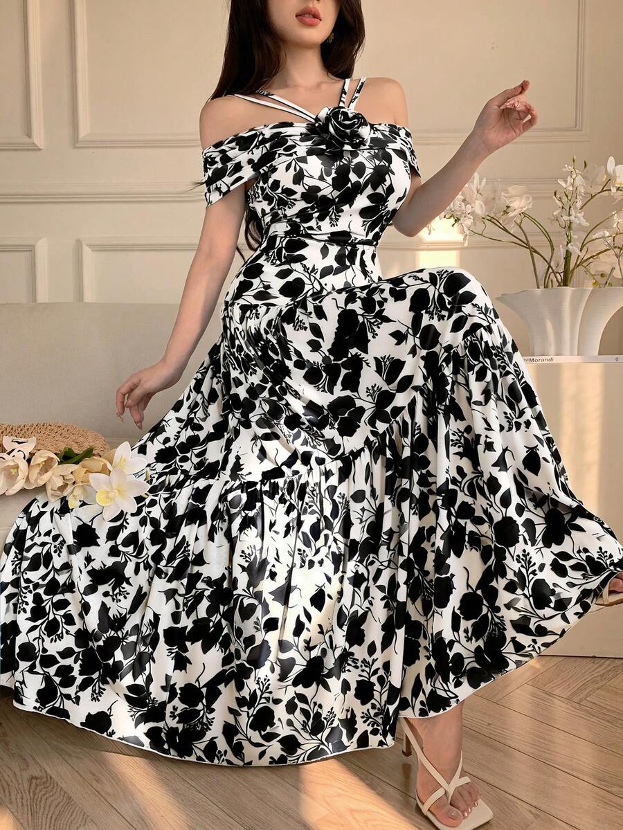 Celisse Women's Watercolor Tie Dye Blue & White Porcelain Floral Decor Cinching Waist Long Dress, Elegant For Spring/Summer - Black - View 1